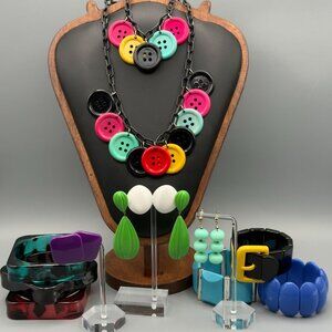 Vintage 80s Chunky Bright Colorful Statement Lot Button Necklace Bangles Earring